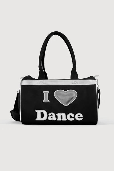 black I heart dance bag with silver writing 
