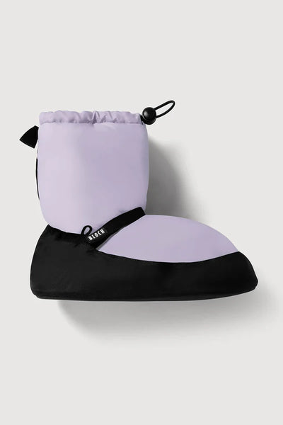 Bloch light purple and black dance warm up booties or cover shoes on a white background