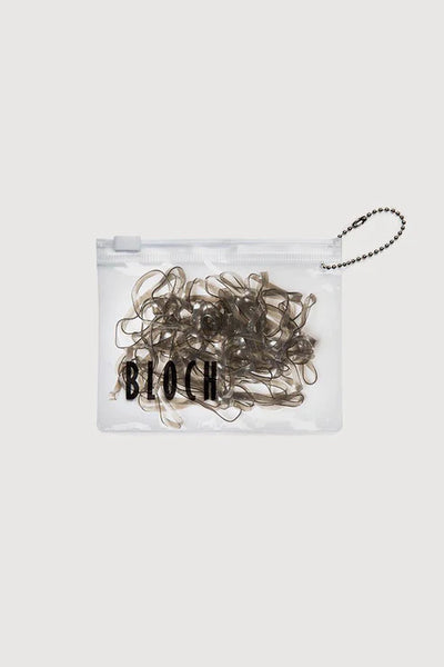 Clear pouch with 50 Black hair gel elastics wiht bloch branding on packet on white background