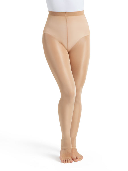 A pair of beige ultra shimmery stirrup tights for adults, displaying the lustrous fabric and elastic waistband.