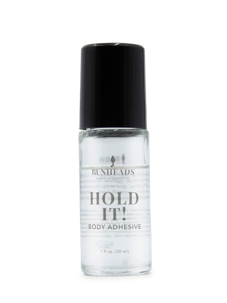 Bottle of Bunheads Hold It! body adhesive on a white background