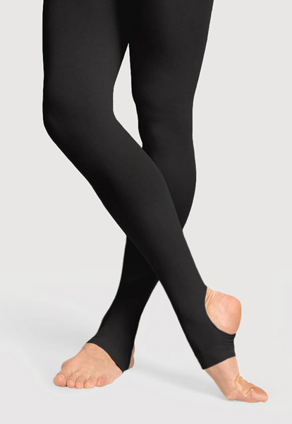 Black Stirrup tights worn by a person on a white background