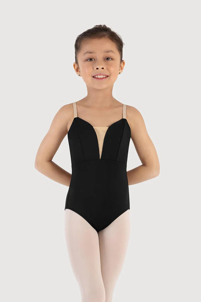 Young dancer wearing a thin strap black leotard with a deep v-neck design and ballet tights  | Dancewear Nation Australia