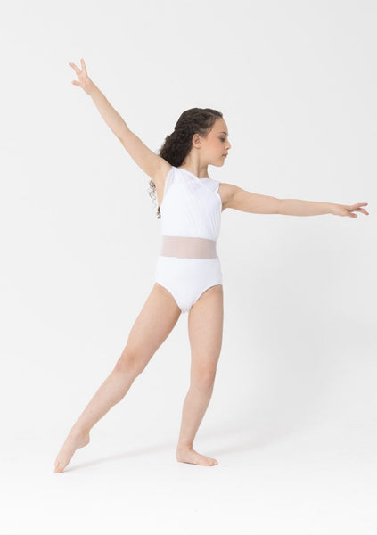 A young female in a white leotard with a mesh waist panel, posing with one hand extended gracefully.