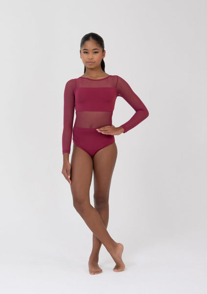 Person wearing a Crimson Mesh long-sleeve leotard on a white background