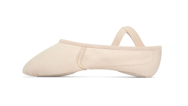 A pink ballet slipper designed for adults, featuring a canvas upper with a stretchy contoured design and a small heel.