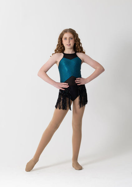 Dancer in a teal and black leotard with fringes on a white background