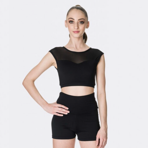Dancer wearing a black cap sleeve crop top and dance shorts  | Dancewear Nation Australia