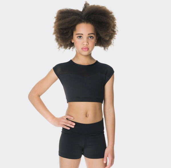 Dancer wearing a black cap sleeve crop top and black dance shorts | Dancewear Nation Australia