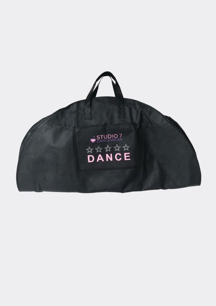 A round black tutu bag with 'STUDIO 7 DANCE' text in pink on the front. The bag has a zipper and appears to have a fabric texture.