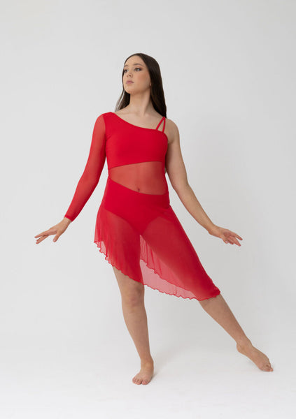 Woman wearing a red dress with sheer panels and one long sleeve on a white background