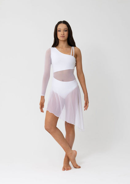 Woman wearing a white one-shoulder dress with sheer panels on a white background