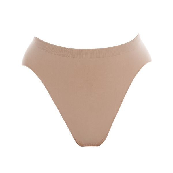 A high-cut brief designed for children, made of smooth fabric with a seamless construction.