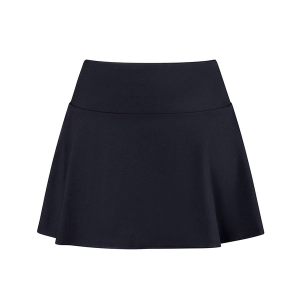 A black-colored child's skort with a high waist and a flat front.