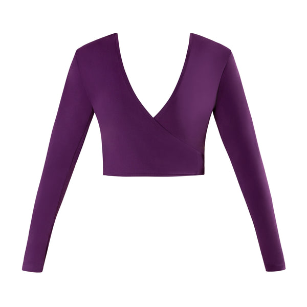 A purple Energetiks Maeve Cross Over top with long sleeves and a V-neck line.