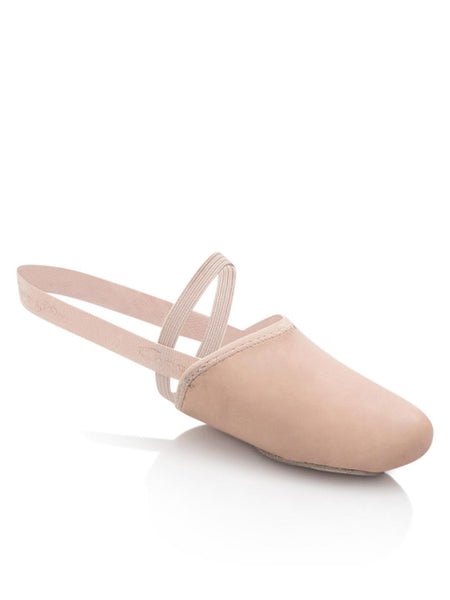 A pink ballet shoe with a half sole design, featuring elastic bindings and a suede sole patch with pleats. The Capezio logo is visible on the sole patch.