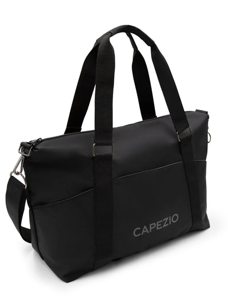 Black duffel bag with 'Capezio' branding on a white background