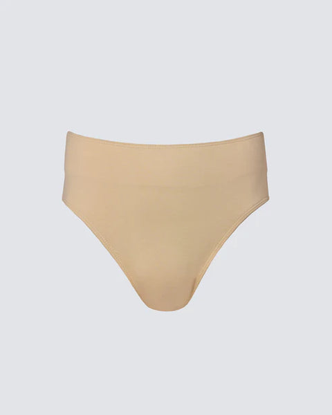 Beige high-waisted brief bottom on a light gray background