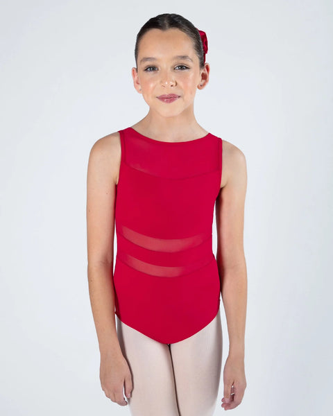 red leotard with mesh panels, red costume , child