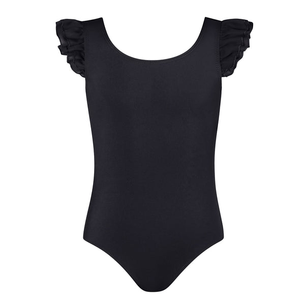 A black frill sleeve leotard for children with a scoop front and back, featuring broad straps and ruffled detailing on the sleeves.