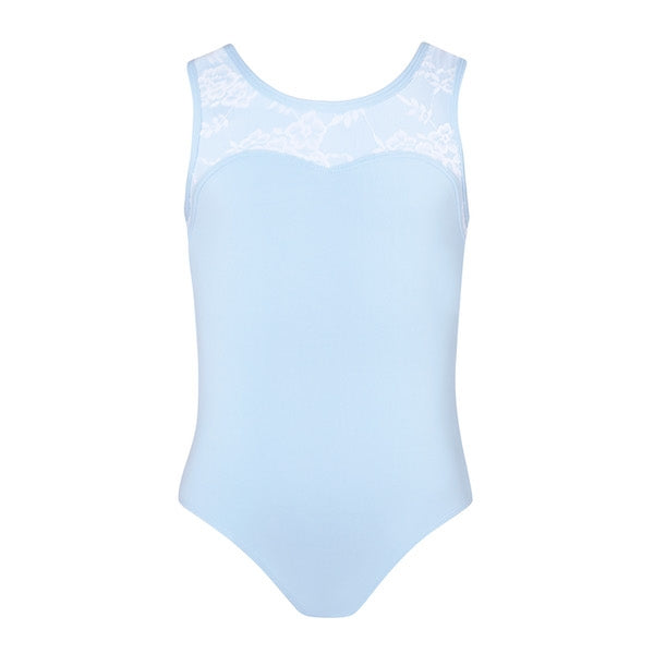 A pale blue leotard with lace on top of bodice both front and back