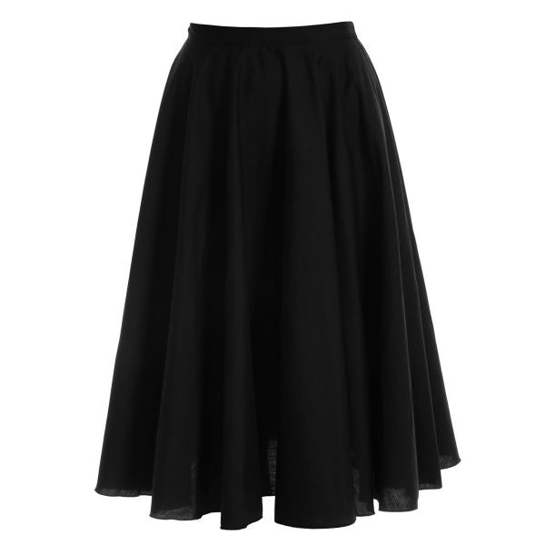 A long black character skirt with a hook and eye waistband, designed for adult ballet wear.