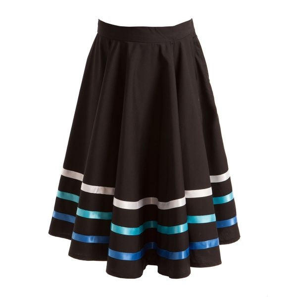 A Matilda ribbon character skirt for children, predominantly black with colorful horizontal ribbon trims, designed for ballet and character dance.