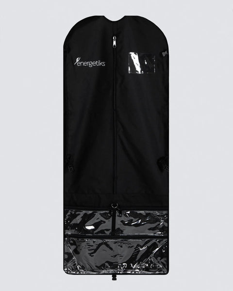 Black garment bag with a clear window on a light gray background