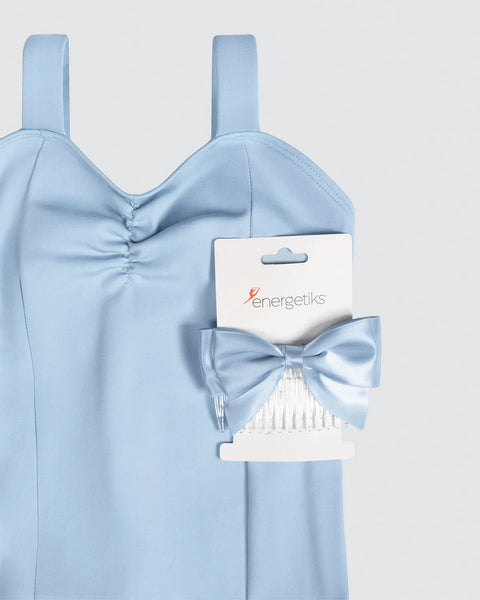 Baby Blue leotard with matching bow and 'energetiks' label on a white background