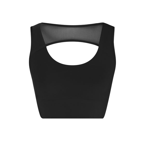 Black dance crop top with a mesh design on a white background | Dancewear Nation Australia 
