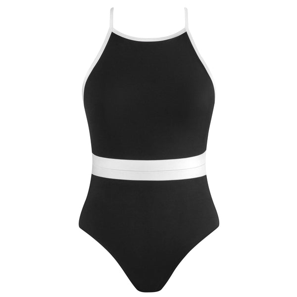 Black leotard with a white waistband and white lining on a white background | Dancewear Nation Australia 