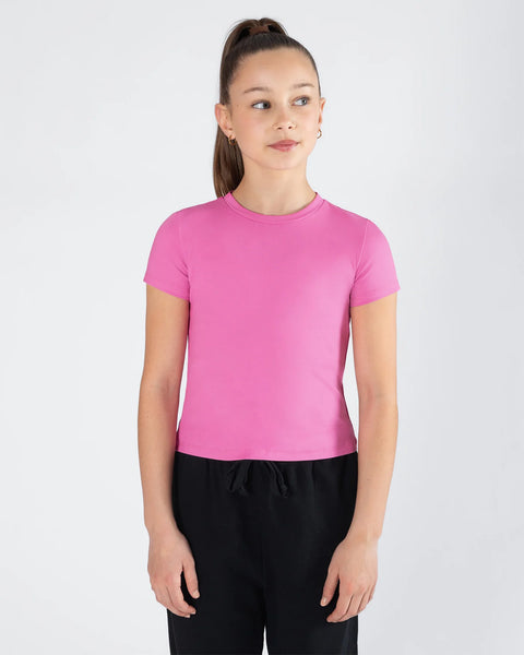 Pink high neck t shirt fitted girls and tweens 