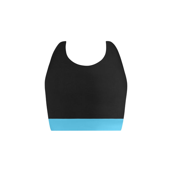 Black sports bra with blue band on a white background