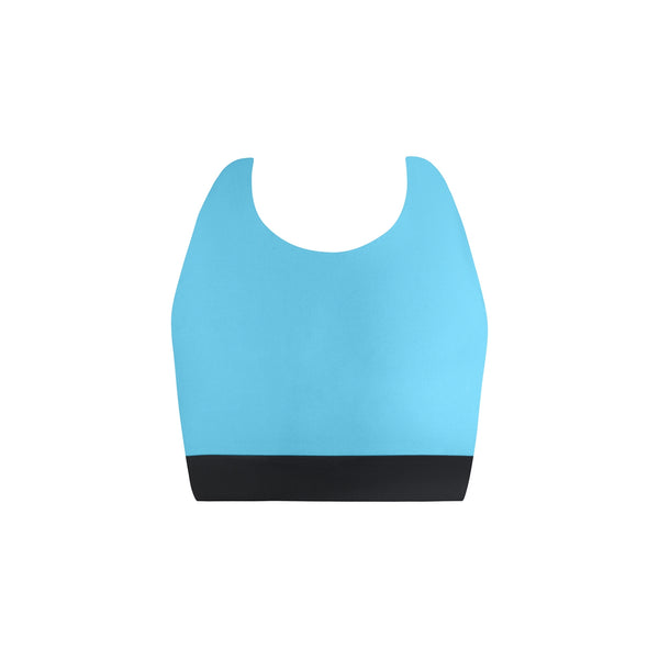 Light blue sports bra with black band on a white background