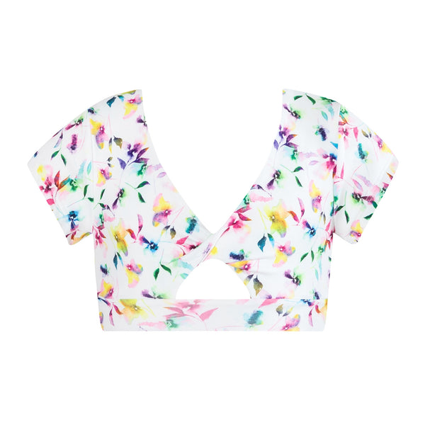 Floral cap sleeve crop with cut out design on a white background