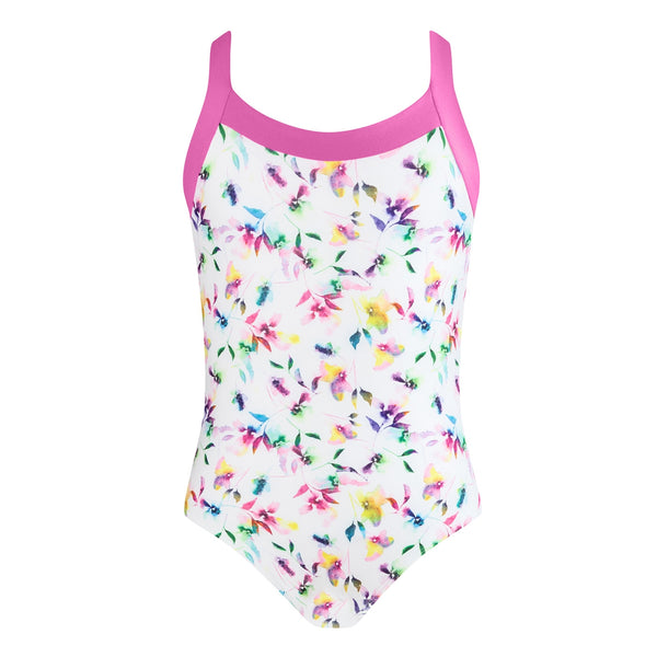 Floral leotard with Pink banding and straps on white background