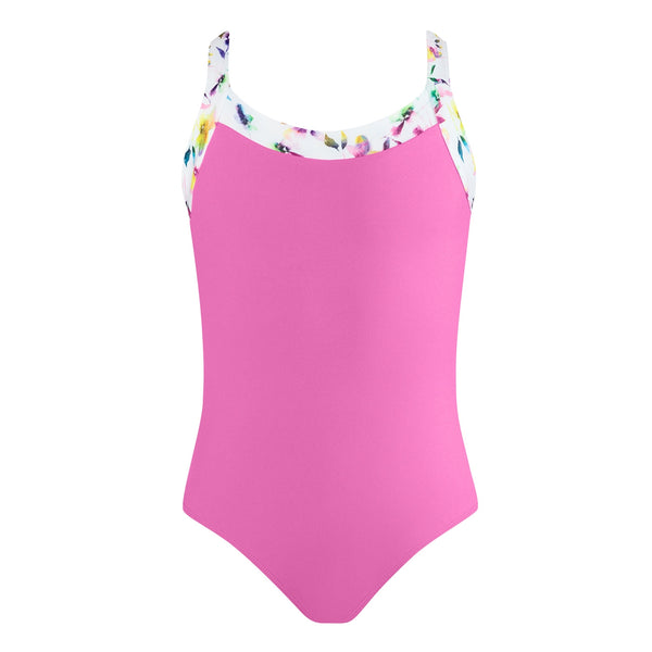 pink leotard with floral banding and straps worn by a person