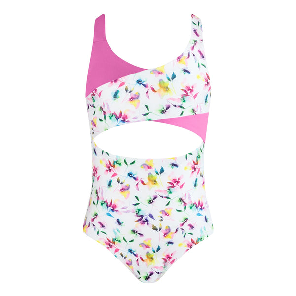 floral Leotard with pink cut out cross through chest on white background