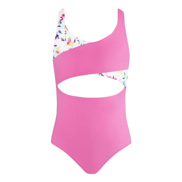 Pink Leotard with floral cut out cross through chest on white background