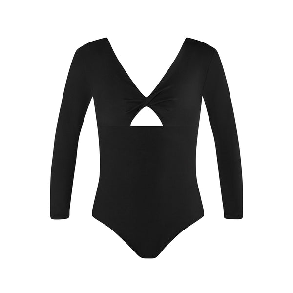 black long-sleeve leotard with cutout design on a white background