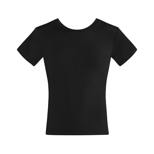 Black tight-fitting t-shirt on a white background | Dancewear Nation Australia
