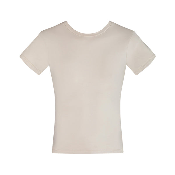 Beige coloured tight-fitting t-shirt on a white background | Dancewear Nation Australia
