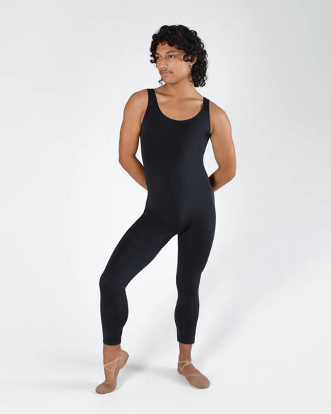Dancer wearing a black sleeveless unitard on a white background | Dancewear Nation Australia