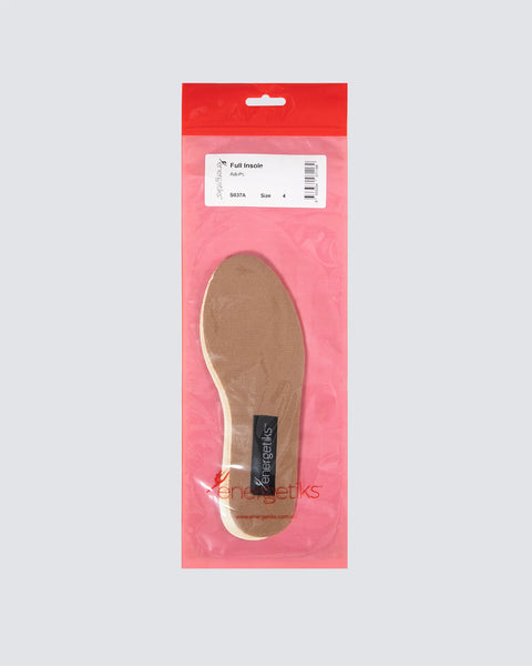 Red packet with tan coloured insole with black energetiks label and barcode on a white background