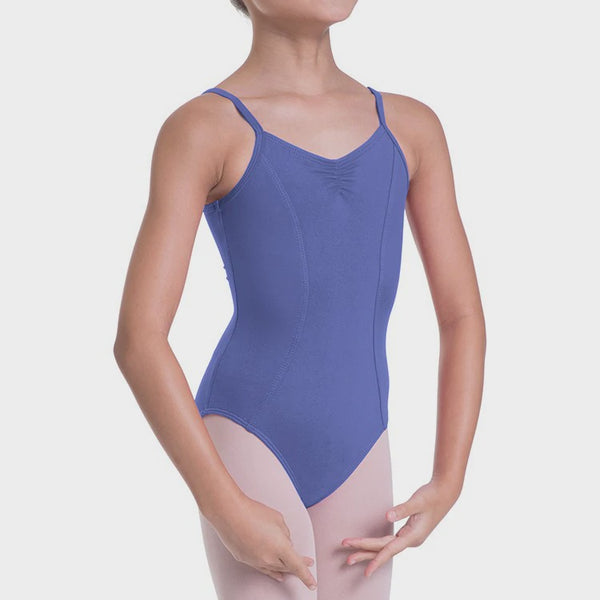 Dancer wearing the Bloch Overture Oriana Princess Seam Leotard child size, colour purple zaffiro, featuring a thin strap, front seam and scrunch design | Dancewear Nation Australia