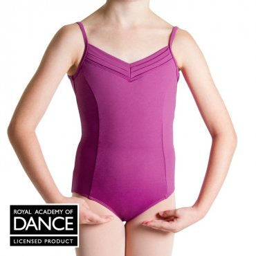 Bloch RAD Rosa Leotard, child size, pink colour, leotard suitable to the RAD ballet syllabus. Dancer wearing leotard to display the front seam and v-neck design | Dancewear Nation Australia