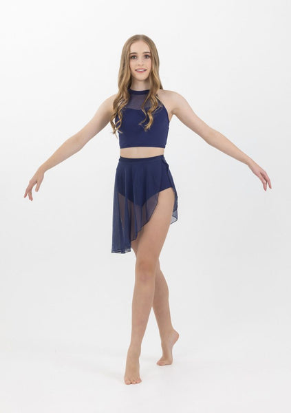 A young woman wearing a navy mesh skirt with a full side split and a comfortable waistband, designed for lyrical or contemporary dance costumes.