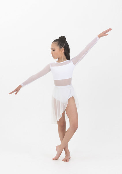 A young woman in a white lyrical skirt with a mesh panel and a full side split, designed for dance costumes.