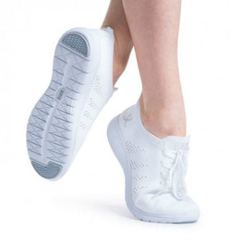 White light weight dance sneaker showing brand on sole