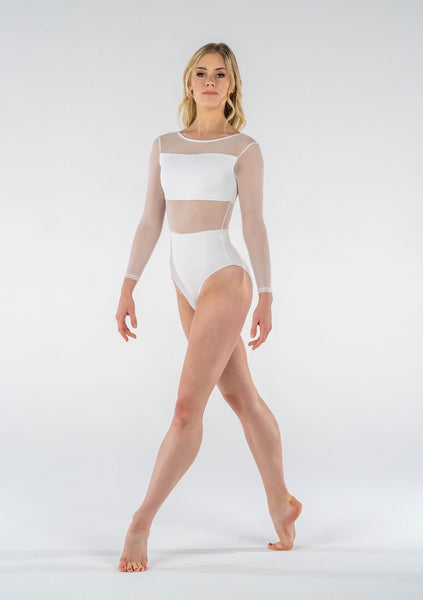 A female model wearing a white Studio 7 Cleo Leotard with long mesh sleeves and a modern mesh panel.